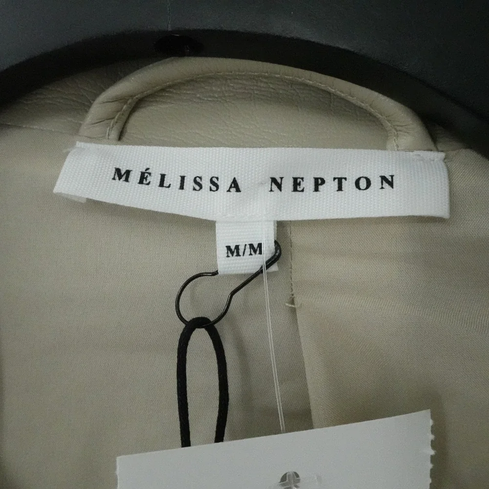 Melissa Nepton Clover Jacket Womens M Khaki Beige Faux‎ Leather Puff Sleeve Moto